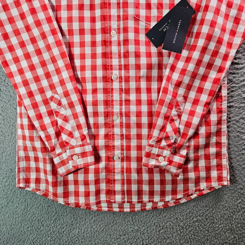 NEW Tommy Hilfiger Shirt Boy Large 16 18 Button Up Orange White Plaid - Picture 2 of 10